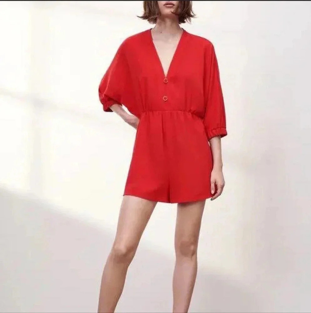Zara Red Rlastic Sleeves Short Jumpsuit